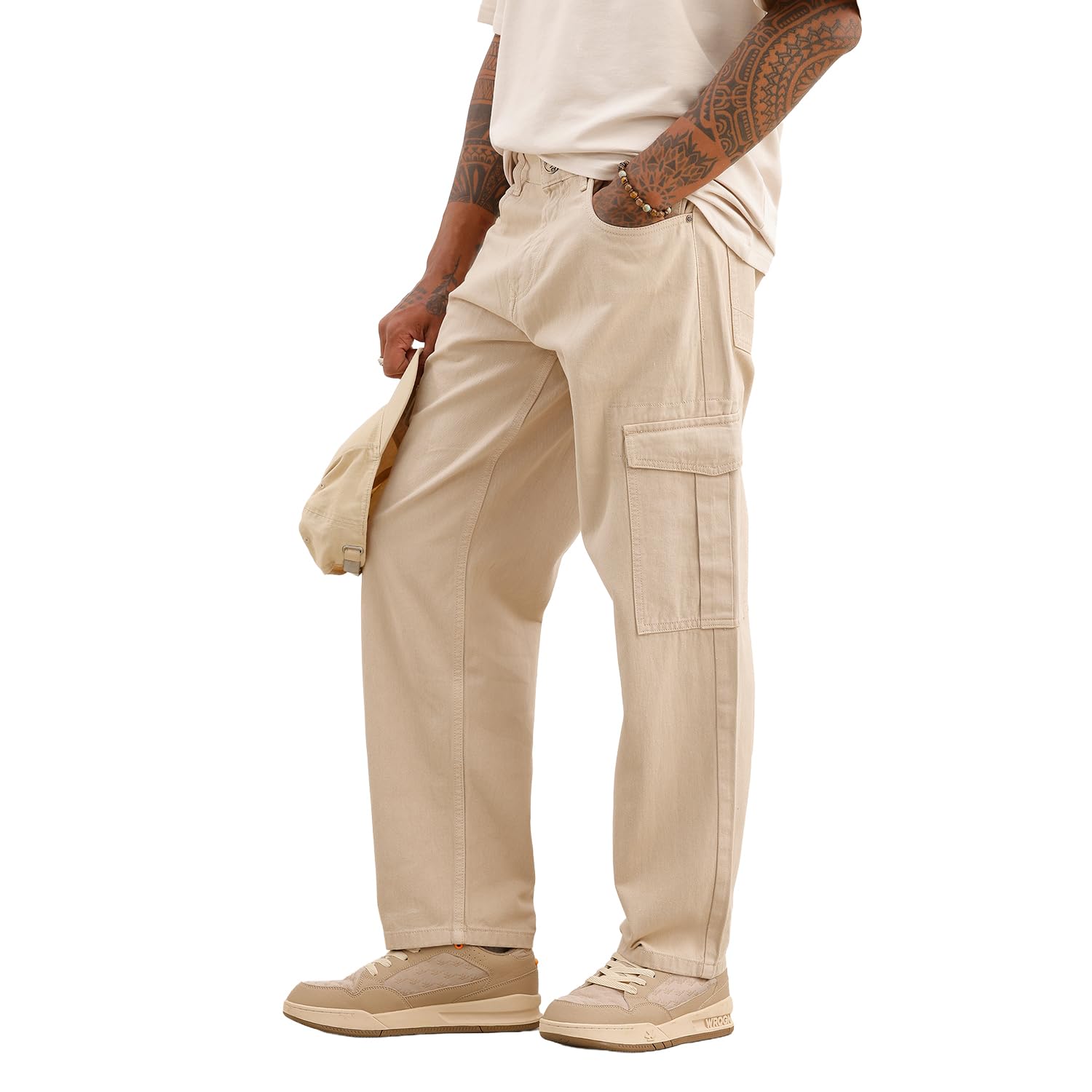 wrogn Men's Solid Loose Fit Cargo Trousers | Beige-picture-31