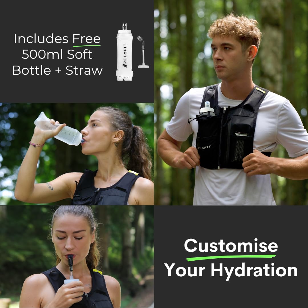ZelaFit® Running Vest with Rechargeable Leds & Micro USB Charging Cables, Water Bottle and Straw - Reflective Hydration Vest with 8 Pockets - Running Backpack Alternative in 2 Sizes - Men & Women