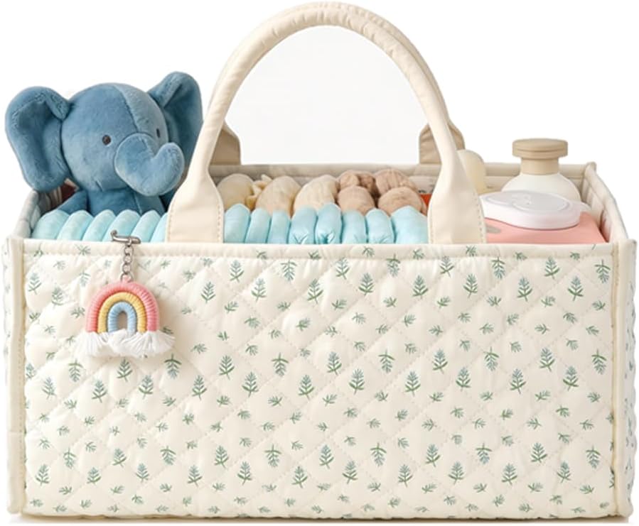 Quilted Fabric Storage Basket Floral Baby Diaper Caddy Quilted Basket for Nursery Bedroom Car Storage (L- Beige+Pink)