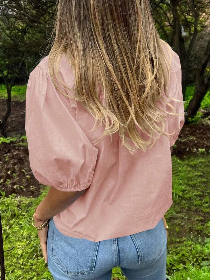 Image of Tankaneo Women's Button Down Shirts Short Puff Sleeve Collared Dressy Casual Blouse Tops