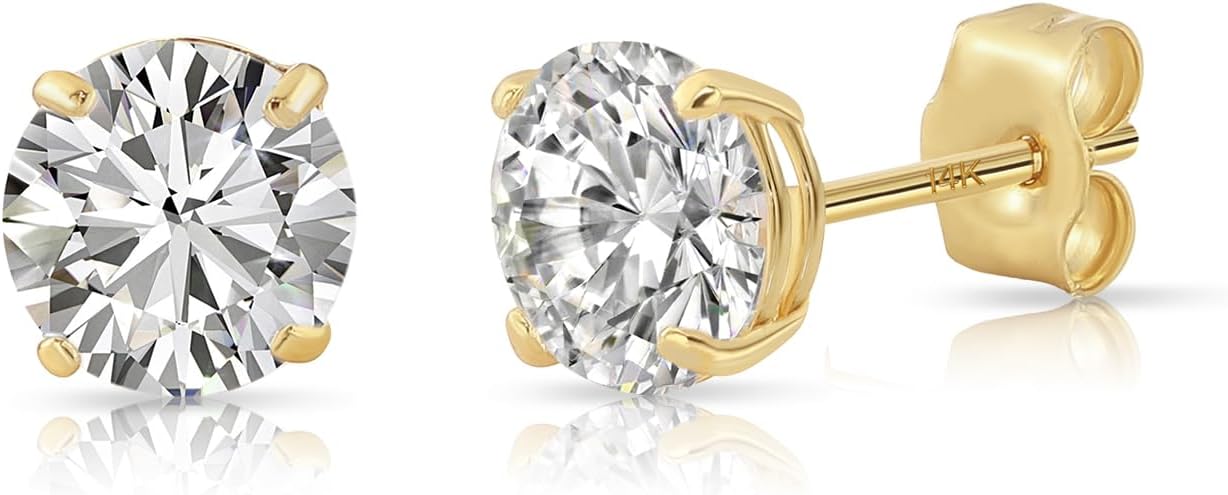 14k Yellow Gold Solitaire Round Cubic Zirconia Stud Earrings - Pushbacks image 5