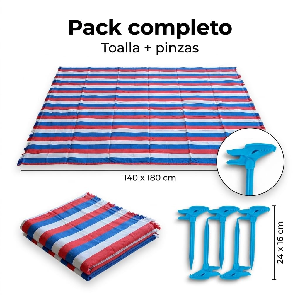 Pincho Lot de 2 grandes serviettes de plage avec pinces pour sable avec 4 pièces, anti-sable et séchage rapide XL 140 x 180 cm, rayures multicolores pour piscine et camping, avec franges