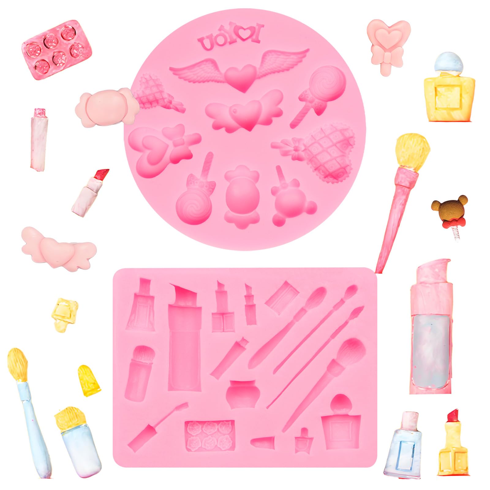 Cute Girl Head Chocolate Molds, Makeup Theme Lipstick Perfume Eyelash Brush Silicone Molds, Love Lollipop Bow Doll Head Fondant Baking Molds for Cake Decoration Cupcake Topper Candy Clay Resin, 4Pcs