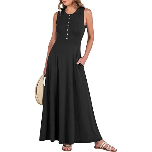 ANRABESS Women Summer Sleeveless Button Round Neck Fit & Flare A-Line Casual Maxi Dresses with Pockets