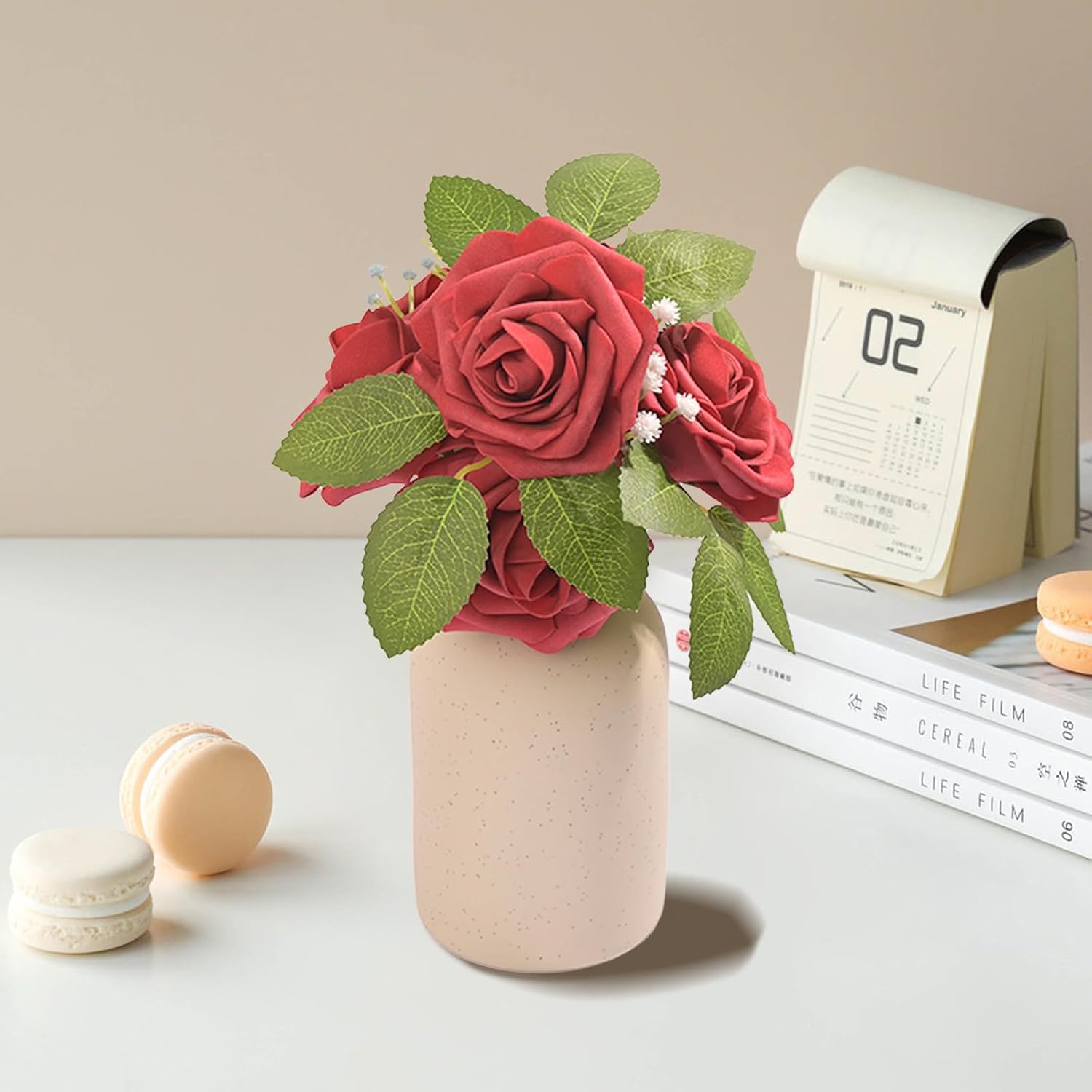Artificial Flowers Fake Roses Faux Peony Foam Gardenia Combo for DIY Wedding Bouquets Centerpieces Arrangements Bridal Shower Party Home Decorations (Red 50pcs)