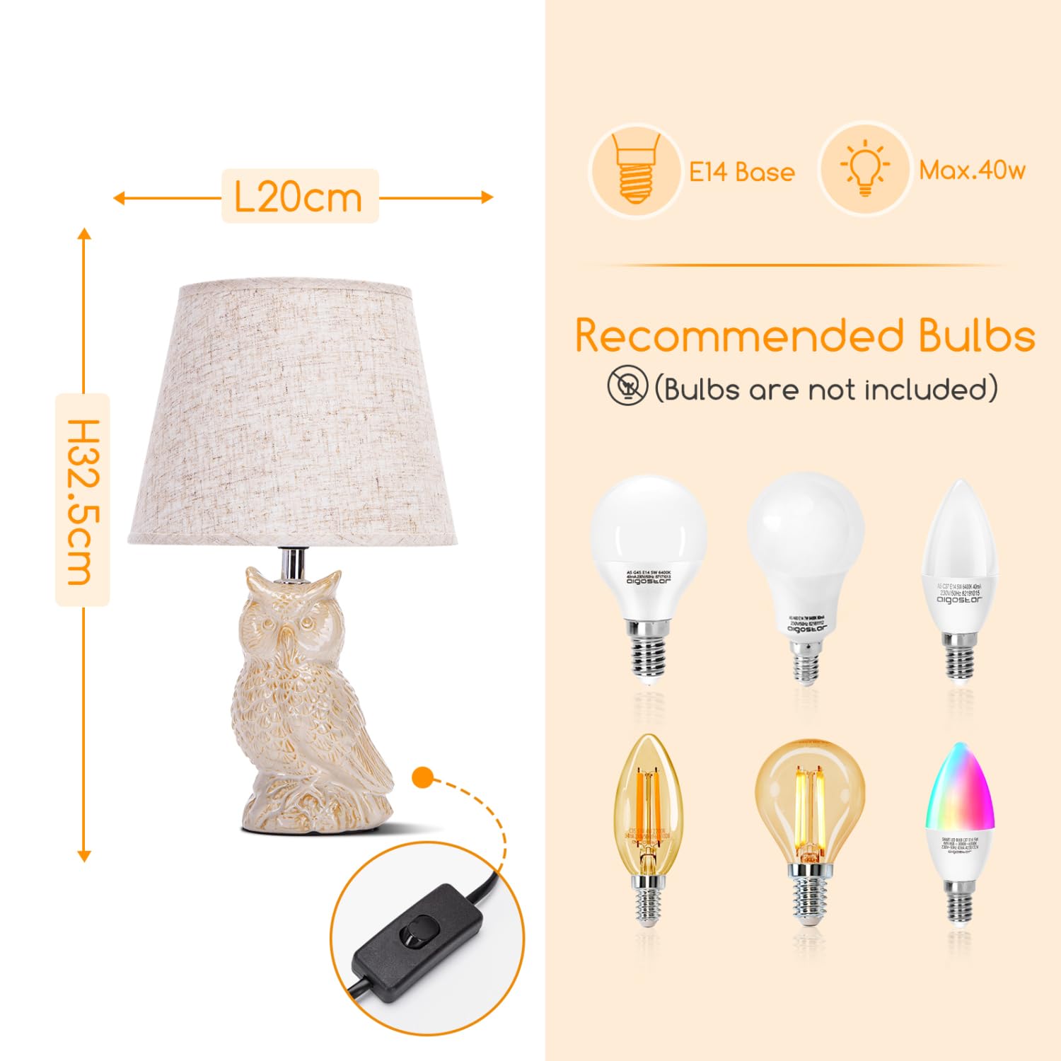 Aigostar Lampe de Table en Céramique, Moderne Lampe de Chevet avec Abat-Jour en Tissu, Douille E14, max.40W, Lampe de Canapé, Veilleuse pour Chambre, Salon, Bureau, Hôtel, Café (sans Ampoule) -H325mm