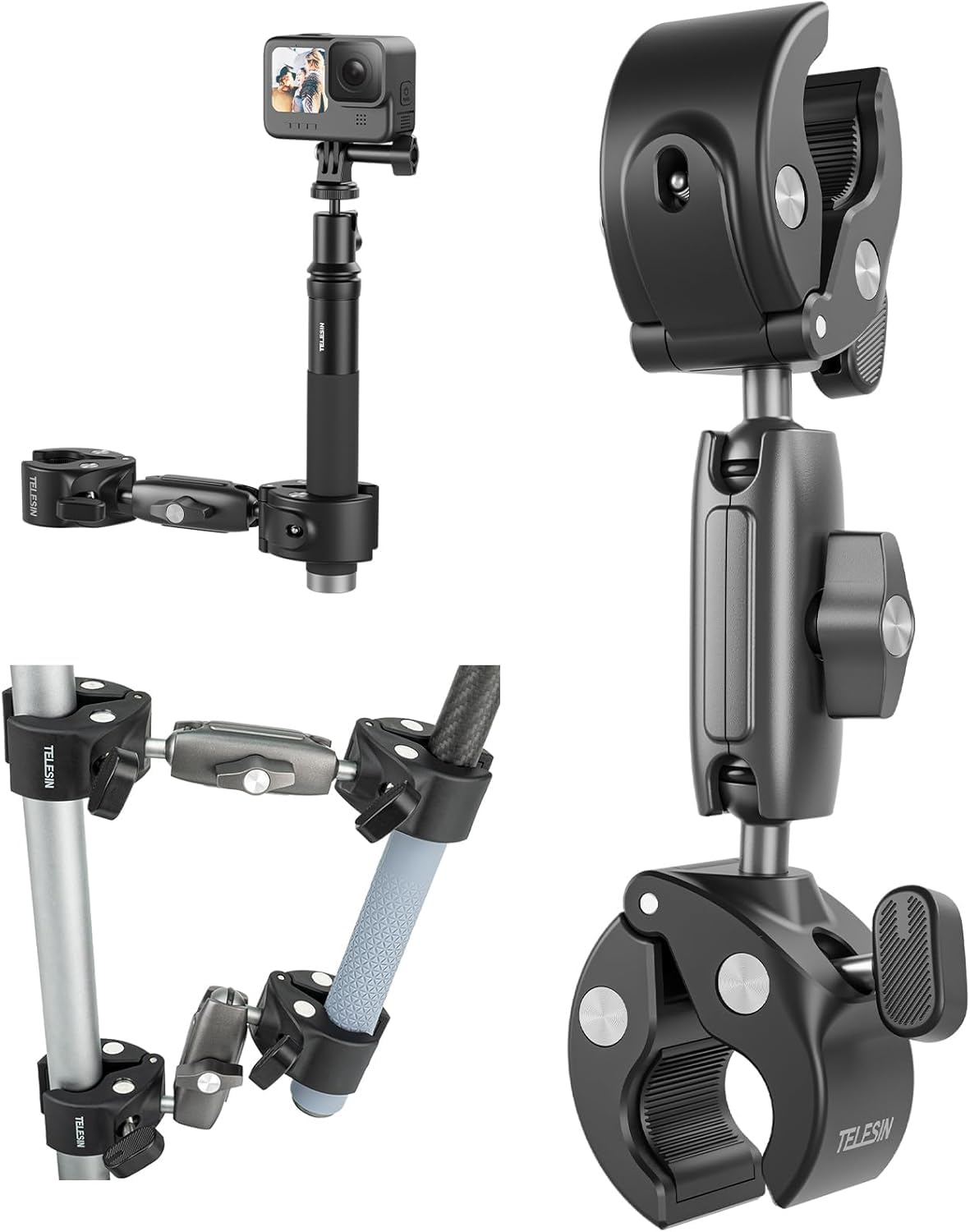 TELESIN 360 Dual Ball Clamp Mount, Bike Bicycle Motorcycle Handlebar Stick Pole Mount Holder Accessories for GoPro 13, 12, 11, 10, 9 Action 5 Pro Action 4/3 Osmo Pocket 3 Insta360 X3 X4 Go3 Ace Pro 2-picture-14