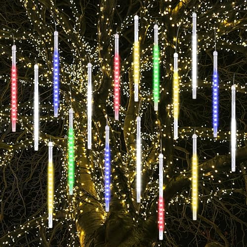 Vikdio Luci di Natale all'aperto, Pioggia di Meteoriti Luminosi 16 Tubi Spiralati (30cm 480 LEDs) Lunghezza di 5,25m, Luci ghiacciolo impermeabili per Decorazioni natalizie all'aperto, Multicolore