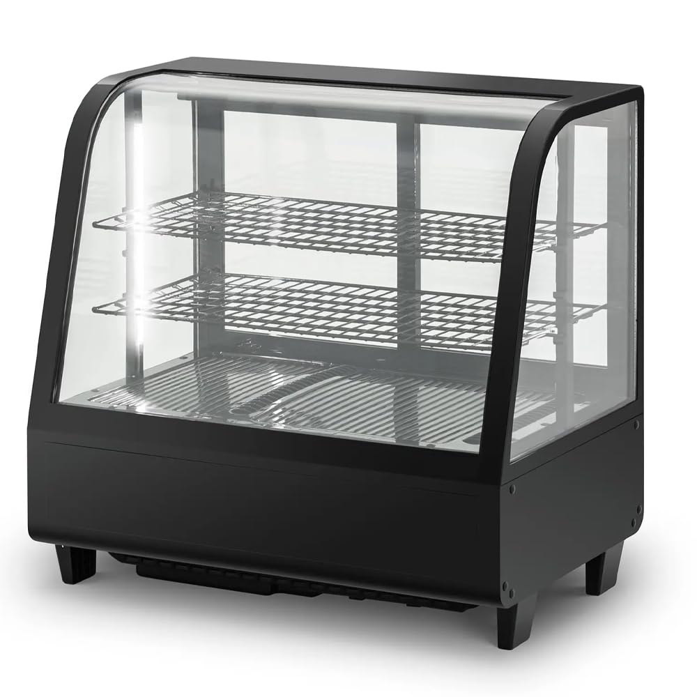 Vitrina Pastelera Expositora Refrigerada 2 Estantes con 2 Puertas Correderas Negra 100 Litros Ventilada | Vitrina Sobremesa Cristal Curvado