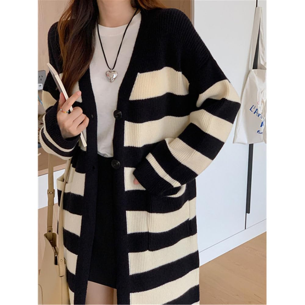 Cárdigan Largo para Mujer, Cárdigan Largo de Punto con Rayas Vintage, Botones Delanteros Abiertos, Cuello En V, Suéter, Abrigo, Chaqueta de Punto Holgada Y Cálida para Otoño E Invierno.