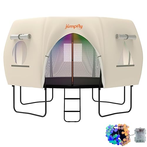 jumpfly Trampoline Round Tent(Tent ONLY) Fits 12FT Frame 8 Curved Poles with LED Lights Trampoline Accessories - Wear-Resistant - Black/Lightbrown - Lightbrown