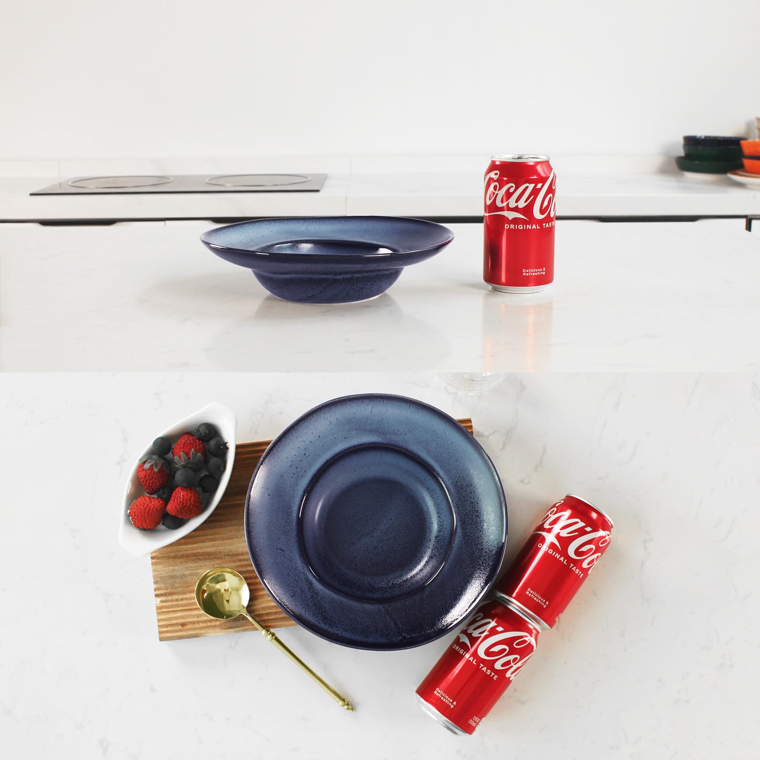 Miski do zupy, talerze do zupy, zestaw 2 misek do makaronu, niebieskie, płytkie talerze, porcelanowe miski z krawędzią, najlepszy prezent (23 cm, niebieskie)
