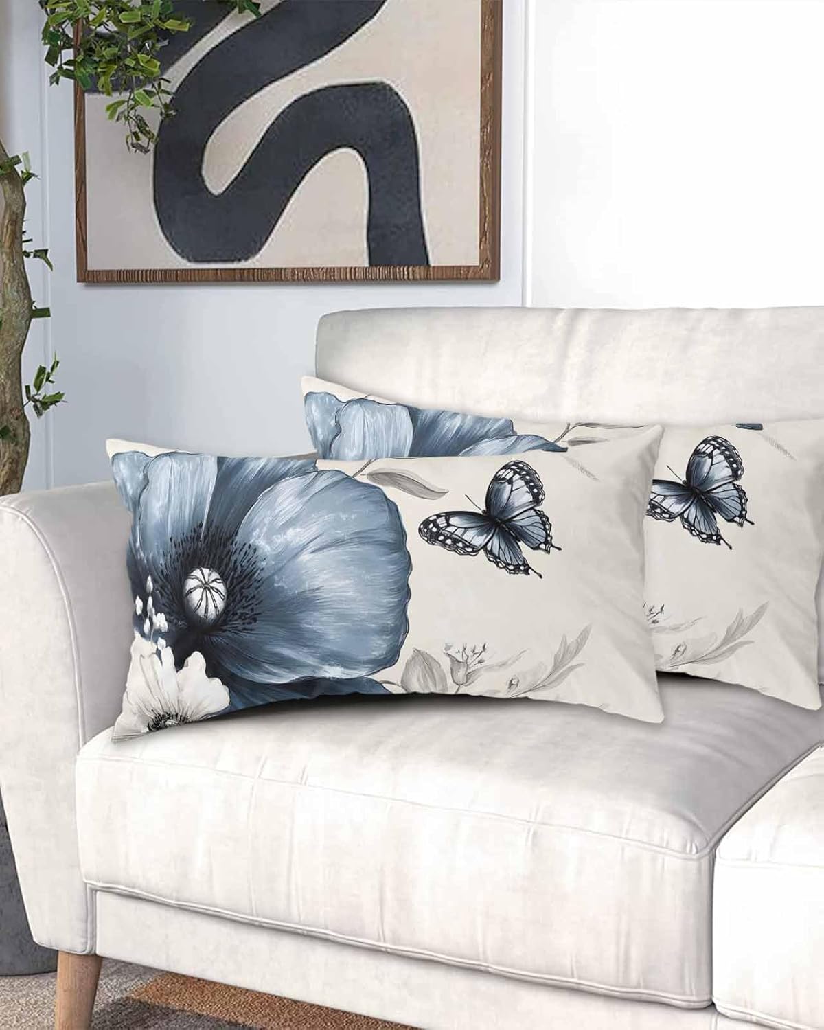 Cal King Size Pillow Cover, Blue Spring Floral Breathable Microfiber Pillow Cover with Envelope Closure, Botanical Watercolor Butterfly Body Pillow Covers for Sofa Couch Bed, 20x40 Inch