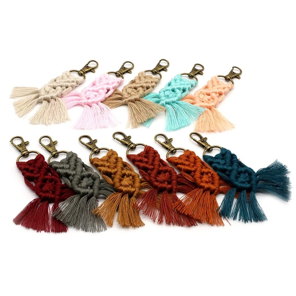 WASHLA 11 Stück Mini-Makramee-Schlüsselanhänger, Boho-gewebter Schlüsselanhänger mit Quasten für Autoschlüssel, Taschenanhänger, Geldbörsenanhänger (Farbe: A, Größe: Einheitsgröße) (A Ei