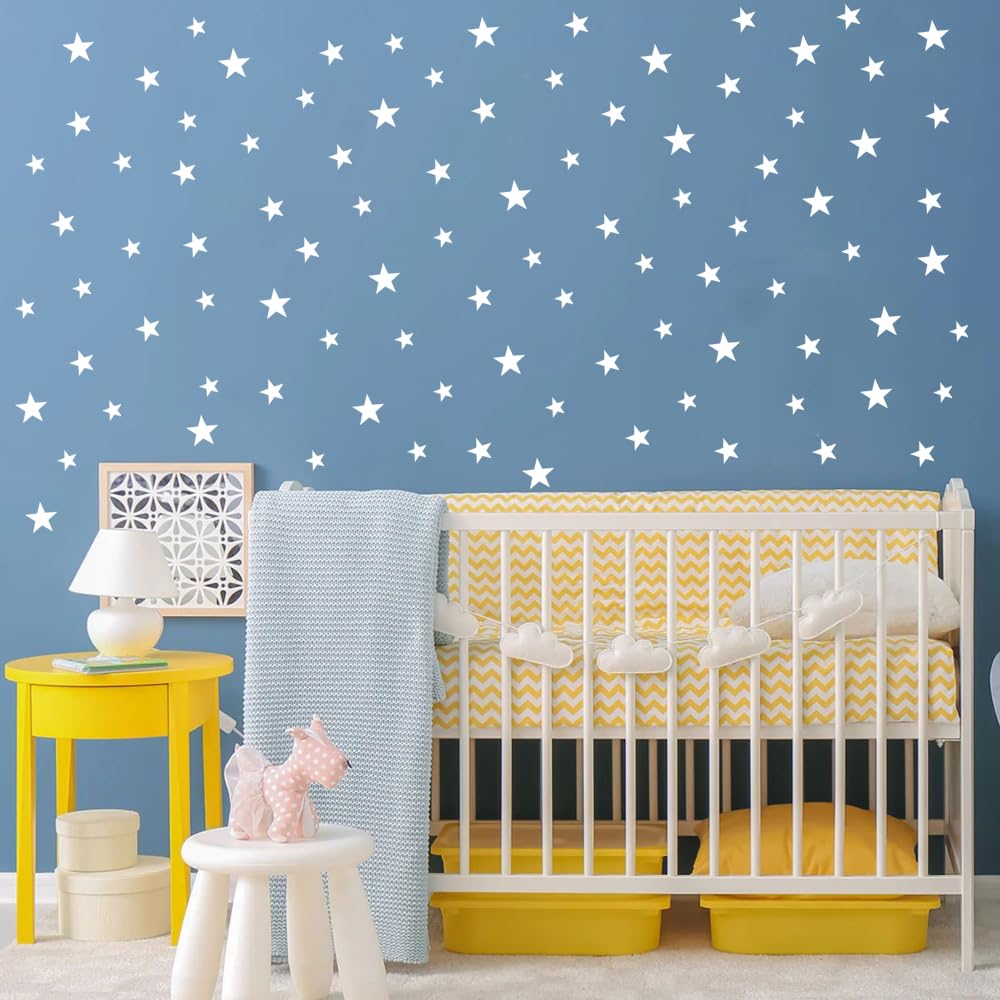Wall Decals White Stars for Kids Room, 3-4-5centimeter Mix 112 Pcs, Easy to Peel Easy to Stick, Safe On Walls and Paint, Vinyl Decor by Bugybagy. (Matte White)