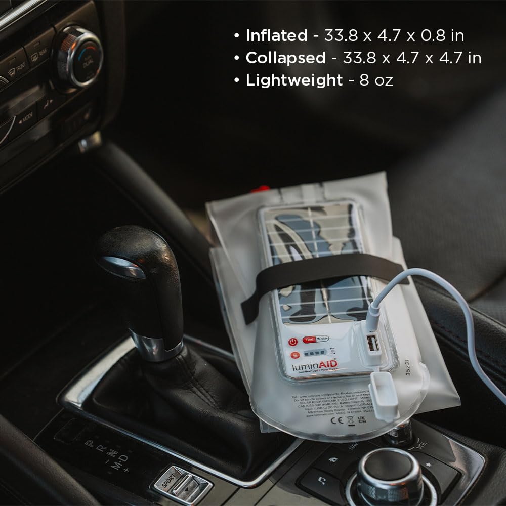 Luminaid Cargador de teléfono de haz solar de 200 lúmenes, color blanco frío o rojo, 5 ajustes de luz, incluyendo intermitente, 50 horas de tiempo máximo de funcionamiento, recargable a través de
