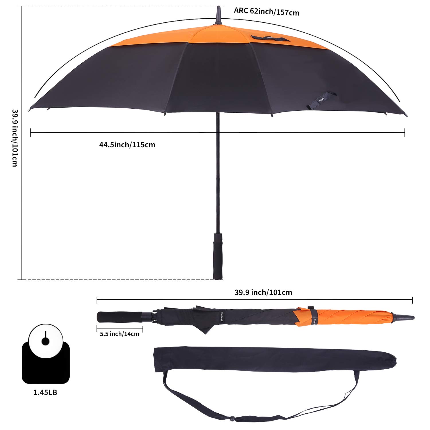 Paraguas cuadrado automático y resistente al viento (negro/naranja, 157,5 cm)
