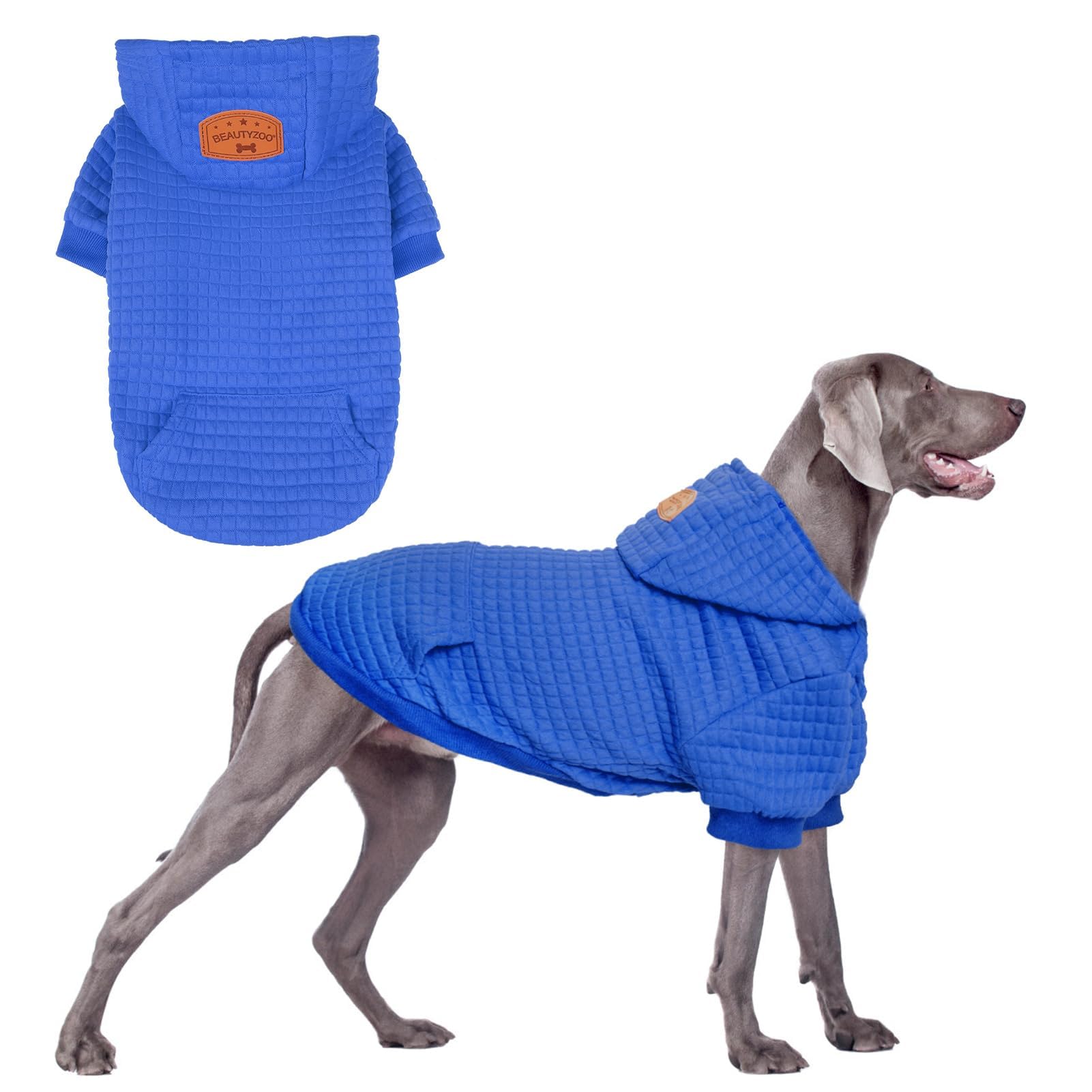 BEAUTYZOO Large Dog Hoodie Sweater with Pockets, Dog Clothes for Small Medium Dogs Boy Girl, Waffle-Like Laminated Cotton Pet Coats with Hat and Leash Hole, Blue 3XL