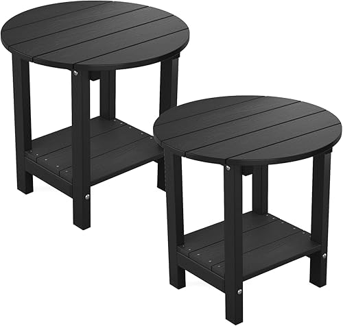 MXIMU Mesa auxiliar redonda Adirondack para exteriores, mesas auxiliares de 18 pulgadas con estante de almacenamiento, mesa auxiliar de plástico de