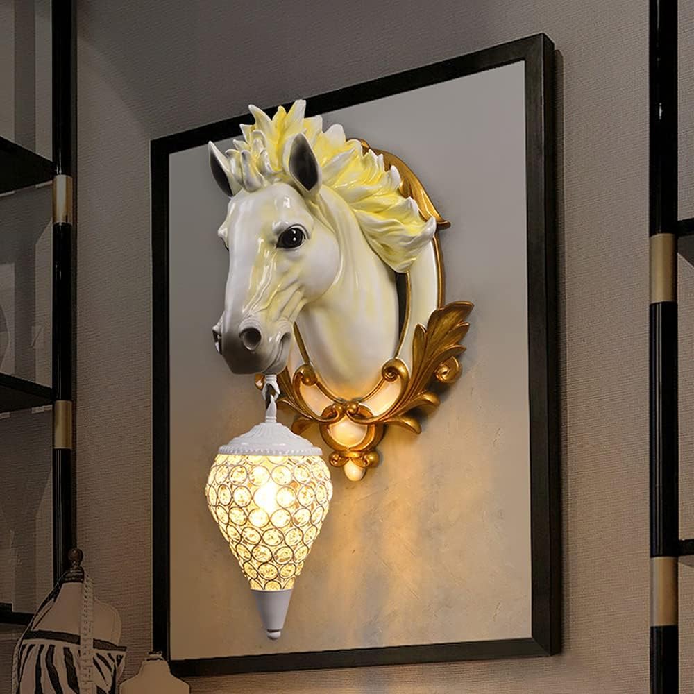 VDOQTLJT Horse Head Style Resin Wall Light Living Room TV Background Lights American Retro Creativity Northern Europe(Bianco,61CM)