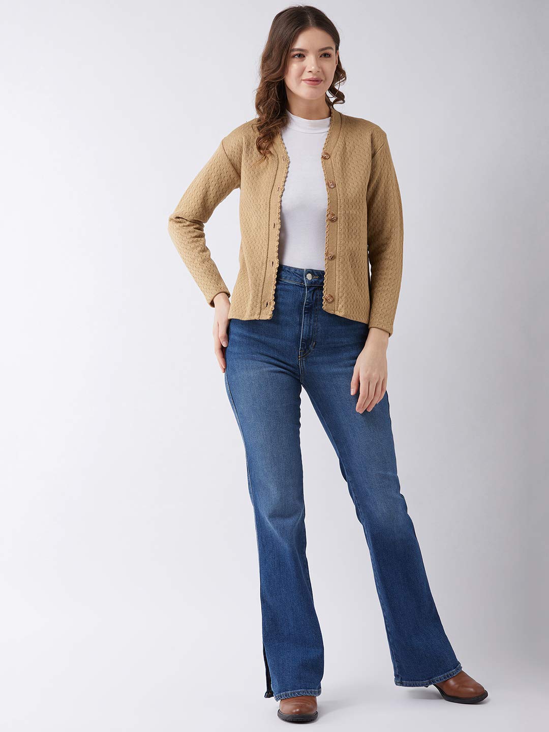 Pivl Self Design V Neck Casual Women Sweater (Large, Camel) - Image 2 thumbnail