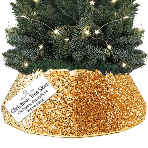 DECO EXPRESS Falda de Arbol de Navidad, Cubrepie con Lentejuelas y Diseño Hexagonal Elegante, Decoración de Navidad para el Hogar 40x25 cm (Lentejuelas Doradas, Parte Superior 40 cm/Base 68 cm)