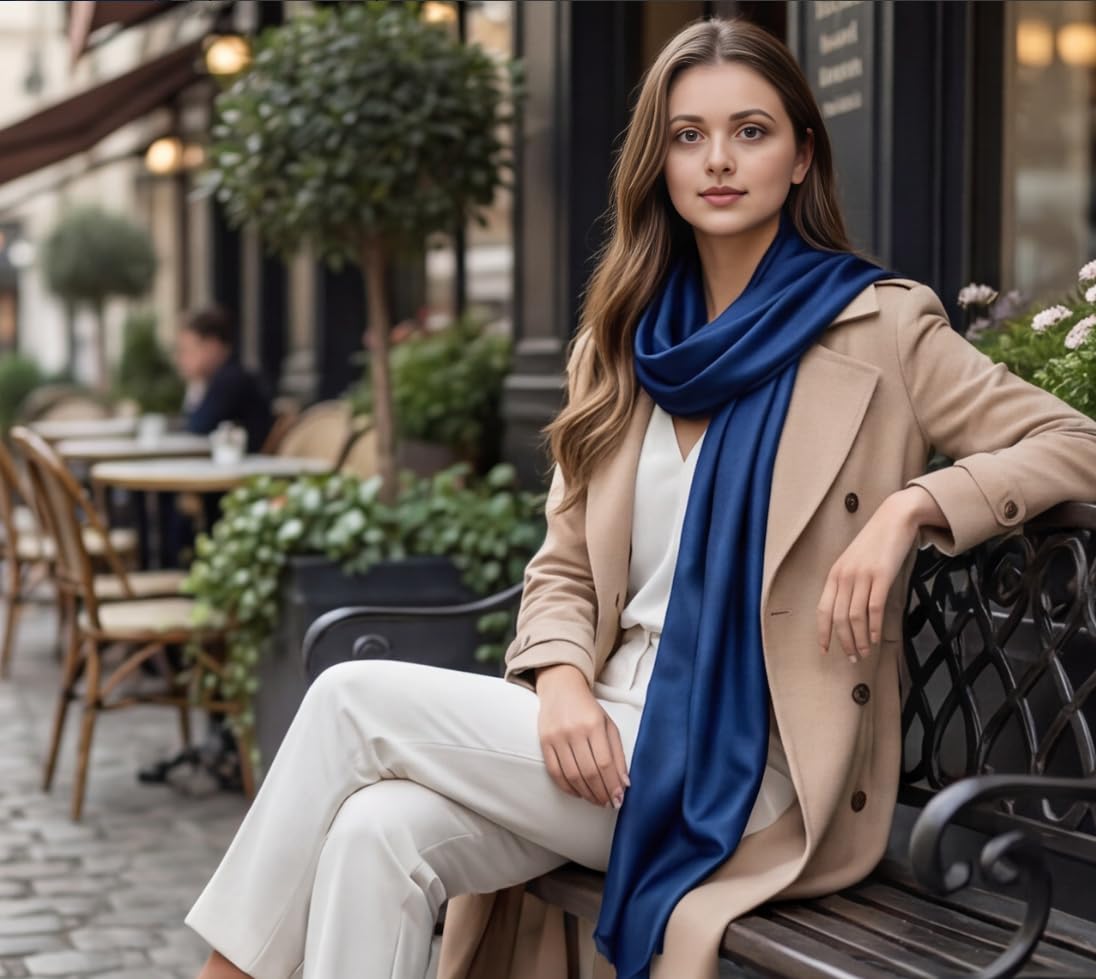 Foulard en soie pour femme - 100 % soie - Couleur unie - Blanc et noir - 180 x 90 cm - Couleur unie - Pour costume formel - Style professionnel - Cadeau pour elle