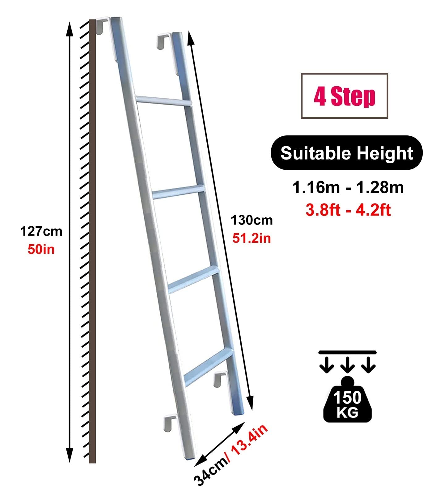 Etagenbettleiter Silberfarbene Etagenbettleiter zum Einhängen, Ersatzleiter für Boot, Dachboden, Wohnheim, Wohnmobil, Wohnmobil, 116 cm/ 130 cm/ 140 cm/ 150 cm hoch (Größe: 130 cm/50 Zoll)