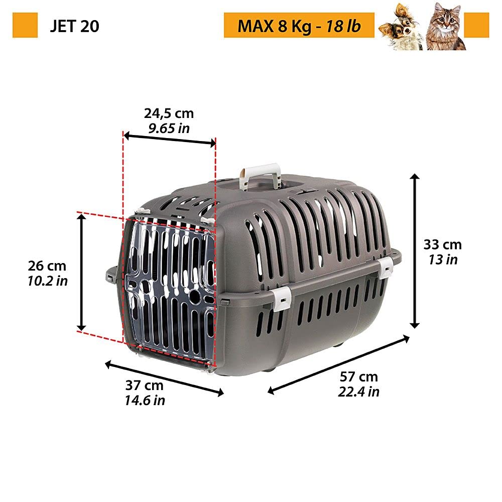 Ferplast Transportín Gato, Transportín Perro Pequeño y Gatos de hasta 8 Kg, Puerta Transparente Antigolpes, Ranuras de Ventilación, 37 x 57 x h 33 cm, Transportín Mascotas Rígido Jet 20, Gris