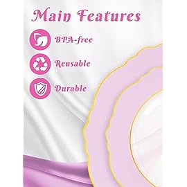 WDF 60Pcs Pink Plates Disposable with Gold Rim - Baroque Clear Pink and Gold Plastic Party Plates Ideal for Wedding, Valentine\'s Day
