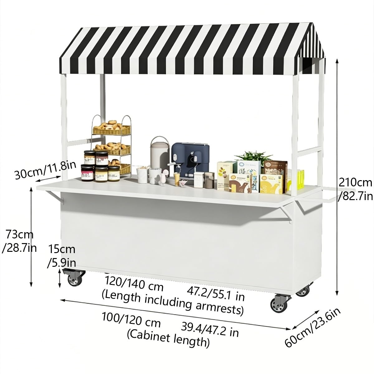 Carrito de Venta Ambulante Exterior con Toldo, Carro de Comida Portátil con Ruedas, Puesto Móvil para Helados y Street Food(A,L 120cm/47.2in)