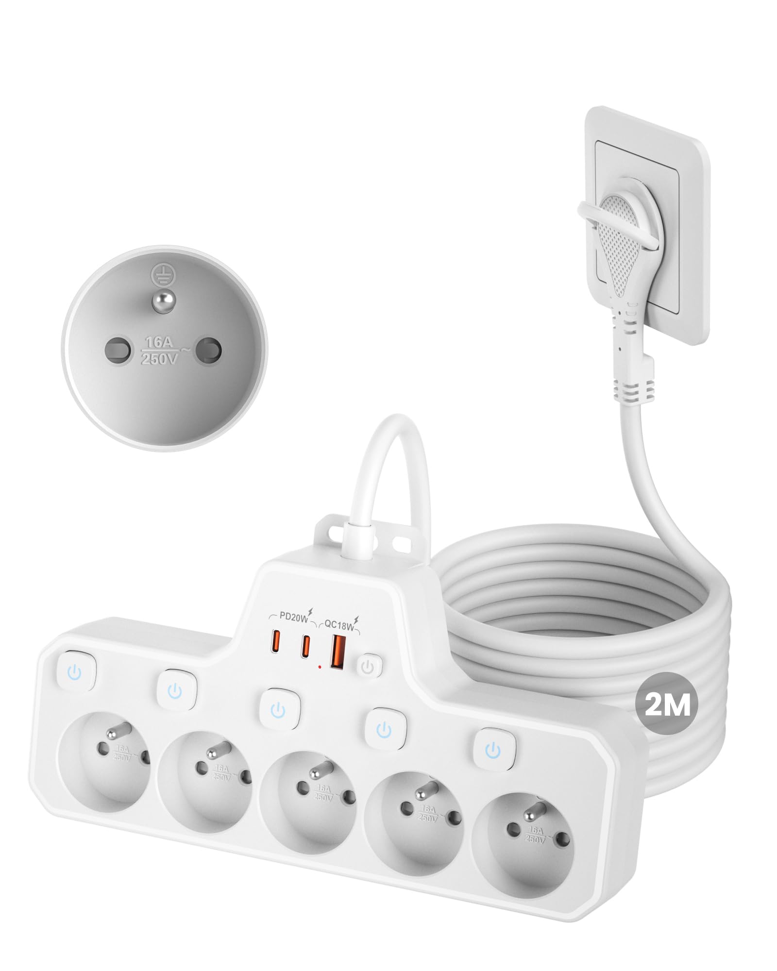 Multiprise 5 Prises Fiche Plate Avec Interrupteur