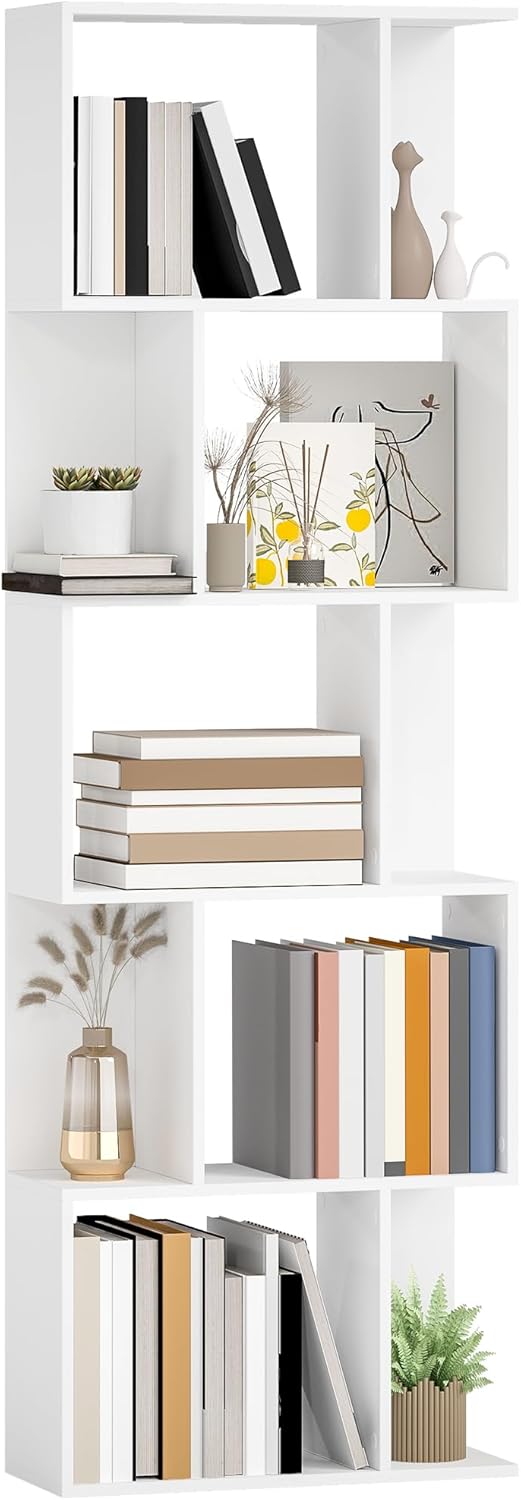 HOMCOM 5-Tier Geometric Bookshelf, S Shaped Bookcase, Modern Freestanding Display Shelf Unit for Home Office Living Room Bedroom, White