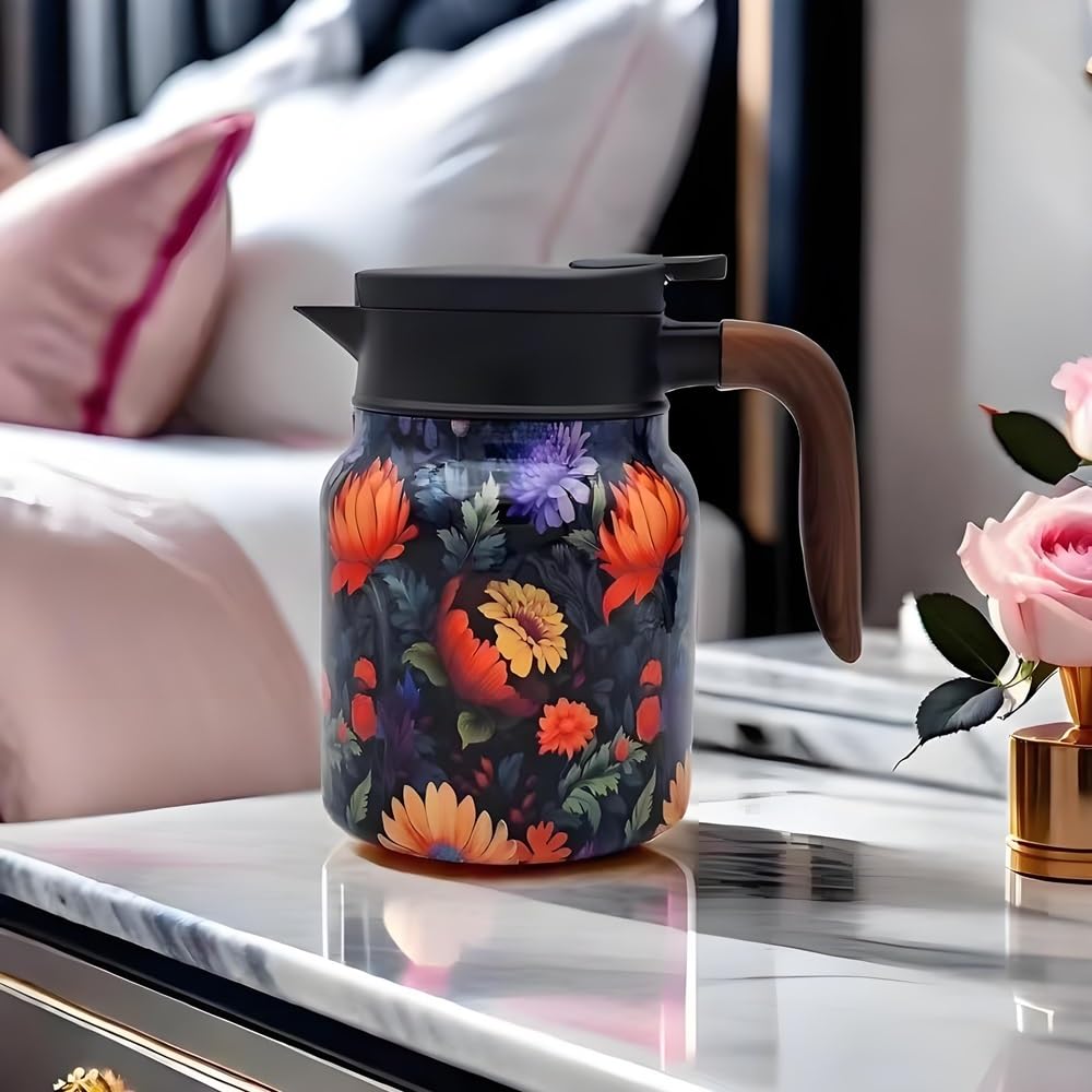 Doresty Teekanne Thermos – Vintage Blumenmuster, 800ml, Mit Siebeinsatz & V-Shaped Ausguss (Blau)
