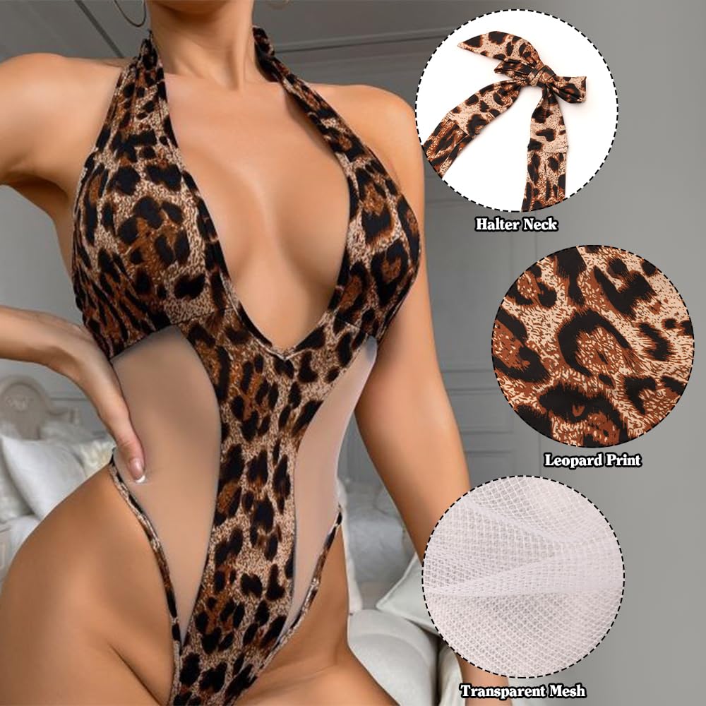 Feng Shui Damska bielizna dla lalki Teddy Body Seksowna panterka Prześwitująca siateczka Przezroczyste peniuary Bielizna nocna, Halter Strap V Koszula nocna Bielizna nocna Niegrzeczna bielizna bez