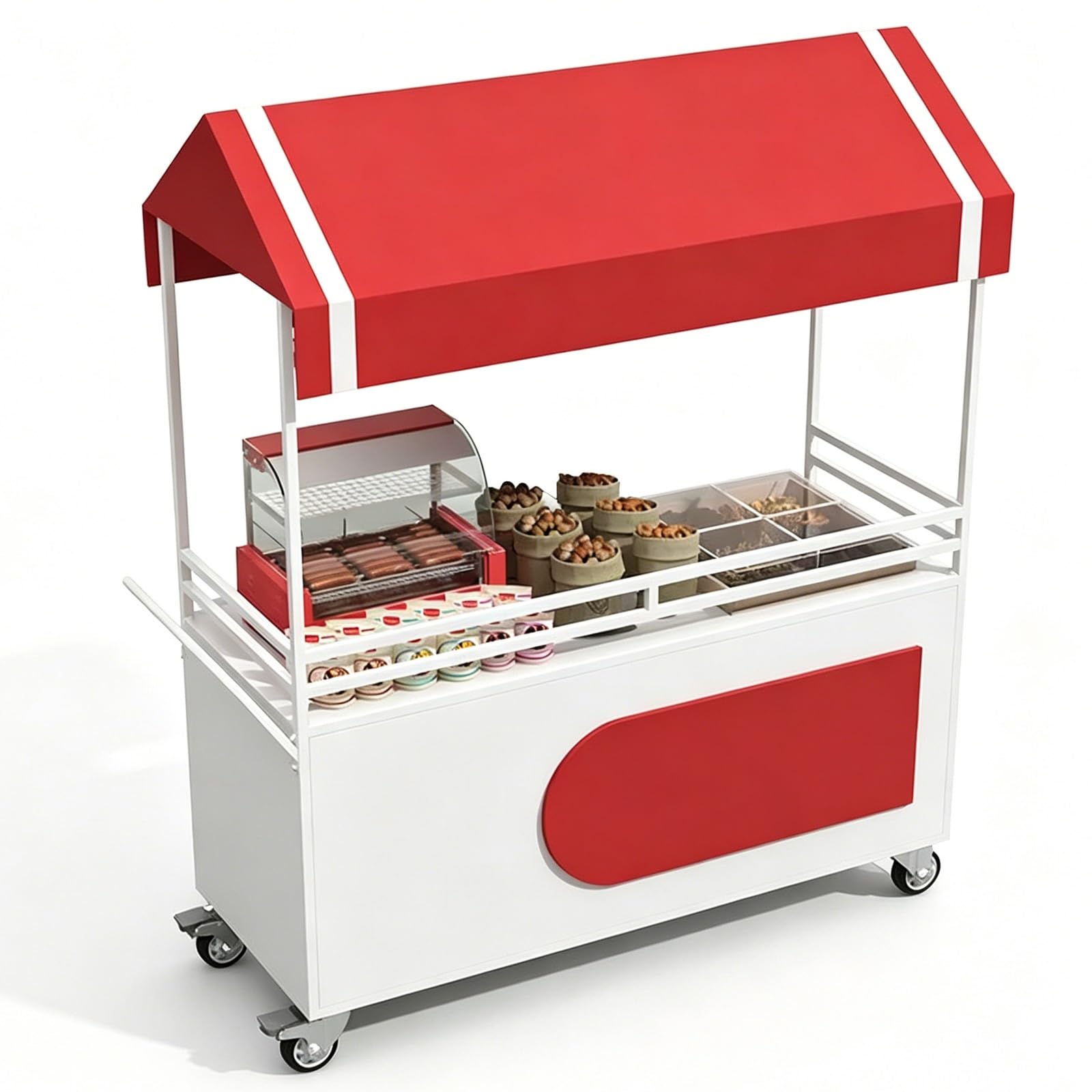 Outdoor Vendor Cart, Food Carts for Sale, Iron, with Canopy, Fence, Lockable Wheels, for Market, Street Food, Events(Red,120cm/47in)