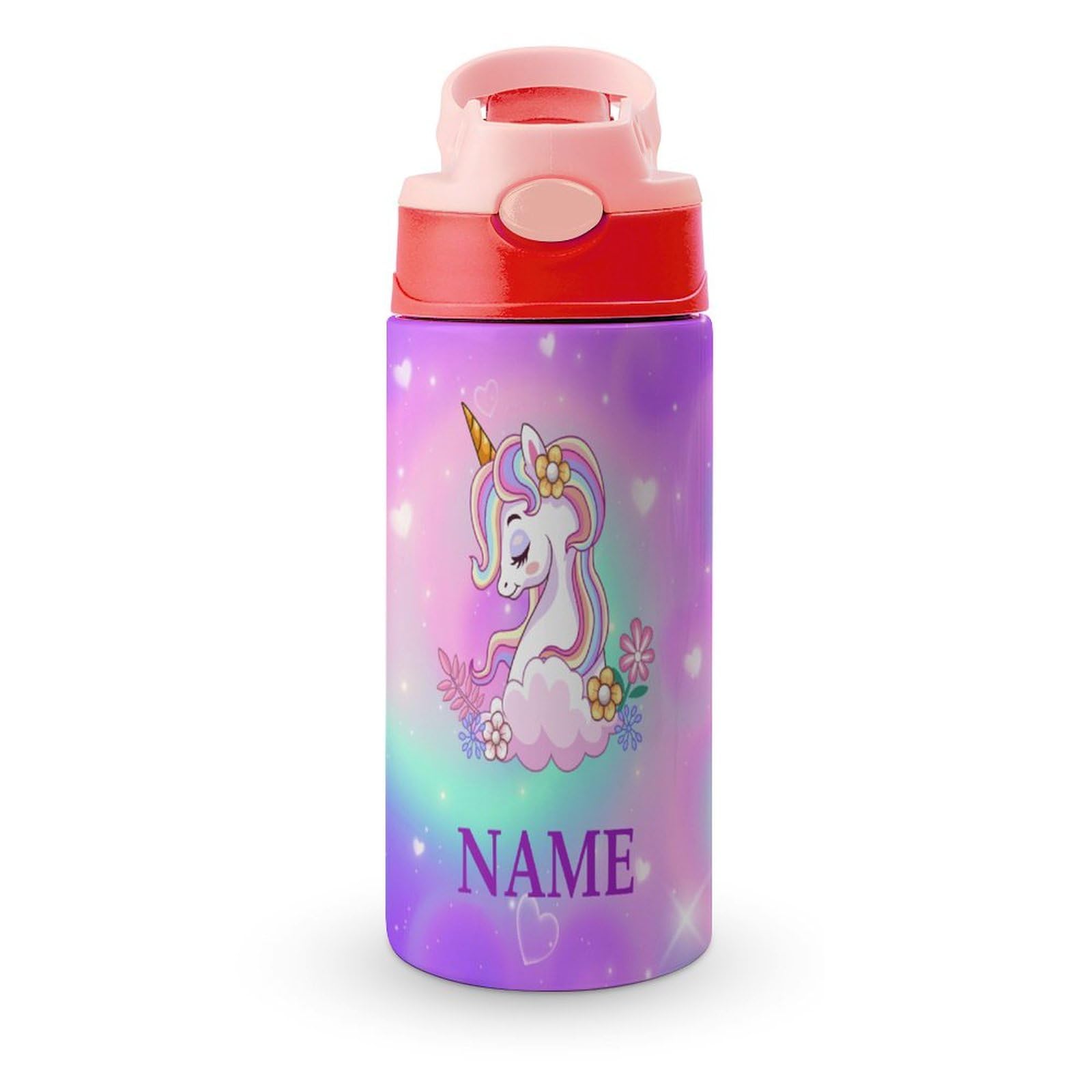 Custom Unicorn Galaxy Kids Water Bottle Personalized Name Water Bottle with Leak-Proof Straw Lid Customized Stainless Steel Insulated Cup for Girls