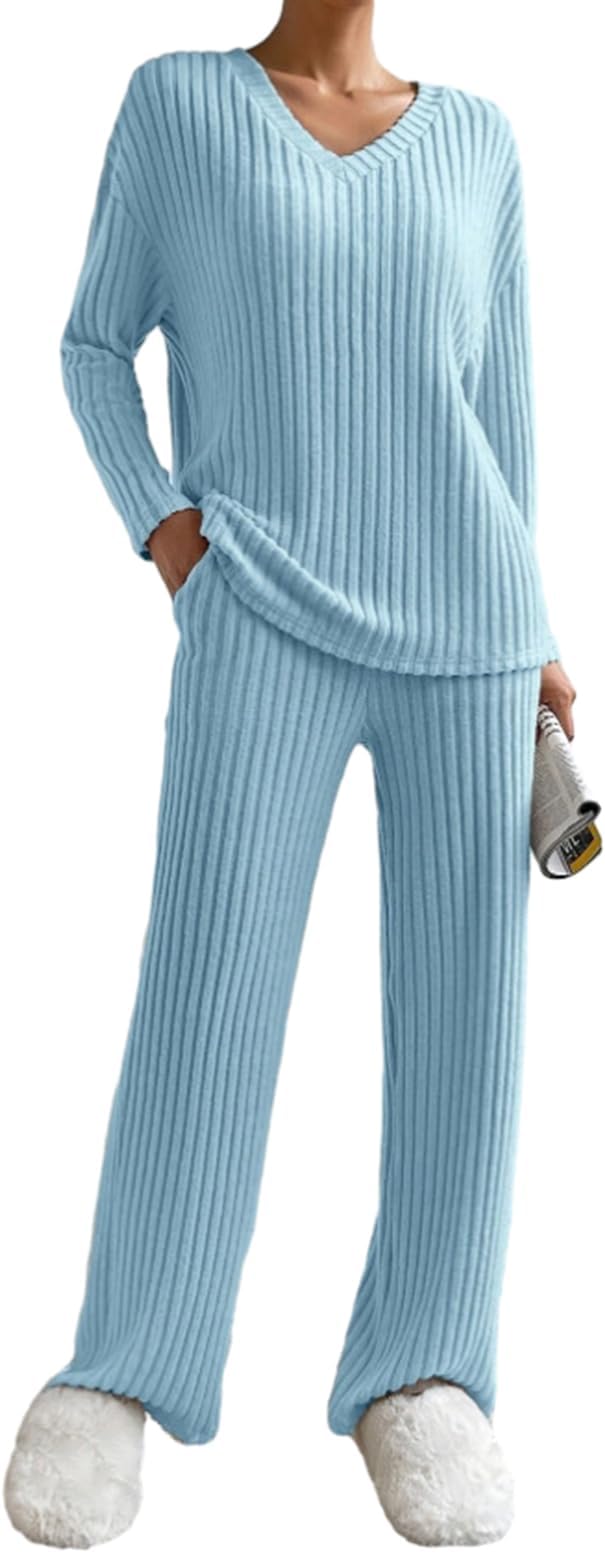 GeagodeliaWomen's Two Piece Ribbed Lounge Wear Set Ladies Loungewear Knit Co Ord Set Top + Trousers Y2k Aesthetic Clothes Tracksuit Outfit UK