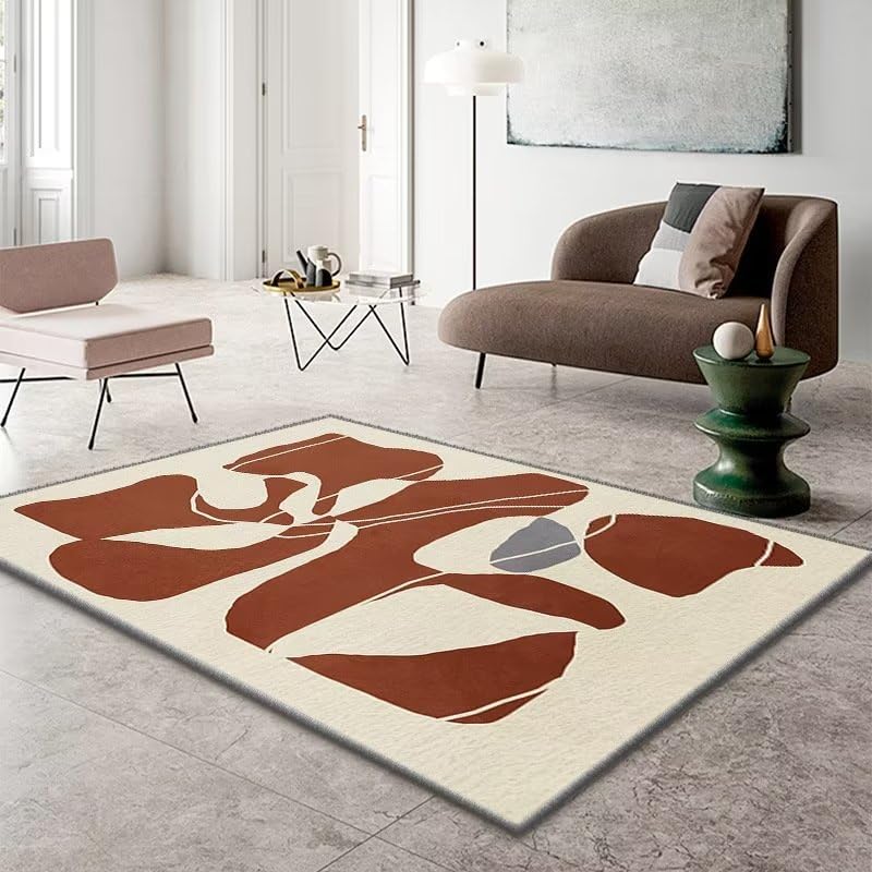 Tapis de chambre 140x200cm geometrique brun abstrait lavable pour maison