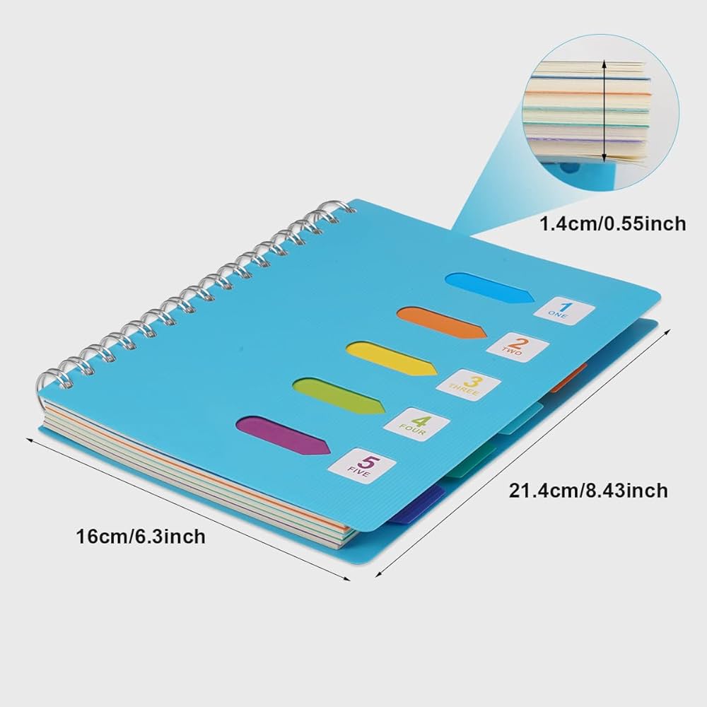 Quaderno A5 Con Divisori A 5 Colori - Spirale, 21.5x15.5cm, Per Scuola, Ufficio, Casa