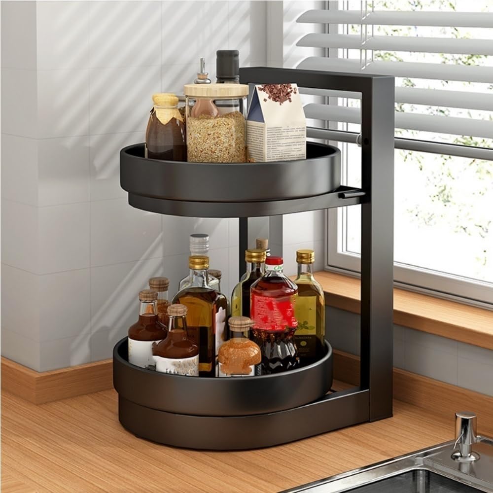Goxyffmnv Spice Rack, Condiment Storage Rack, Metal Storage Shelf, Rotating Organizer, Desktop Organizer Stand for Kitchen, Living Room, Bathroom(Black,11.1 * 9.8 * 17.1in)