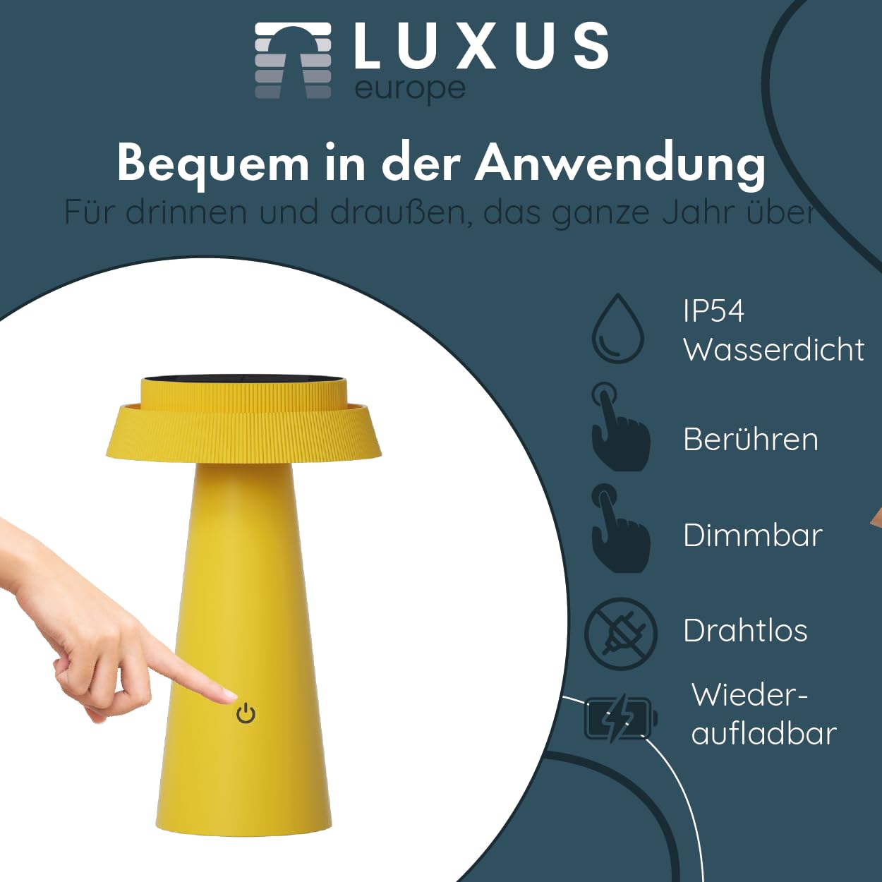 Luxus Drahtlos Tischlampe Solar Mambo - Gelb - Tischlampe für den Außenbereich - Wasserdicht - Solarbetrieb und USB-C - Dimmbar - Wiederaufladbar