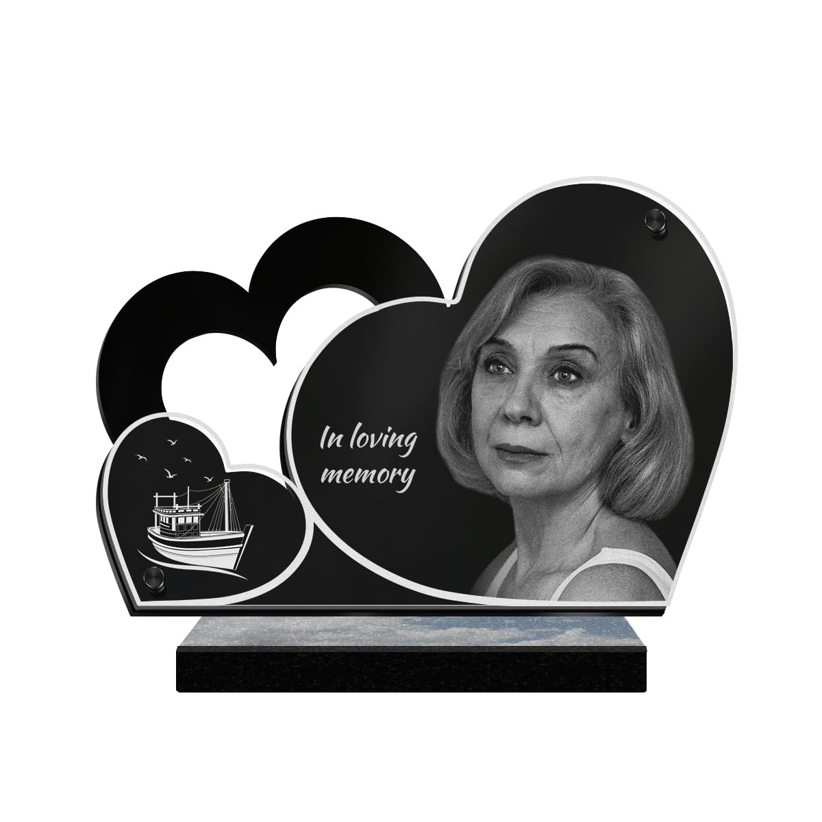 ETERNEL - Personalized Double Heart Boat Memorial Plaque with Customizable Photo and Text, laser-engraved memorial plaque for tribute, tombstone, mortuary, mourning, funerals