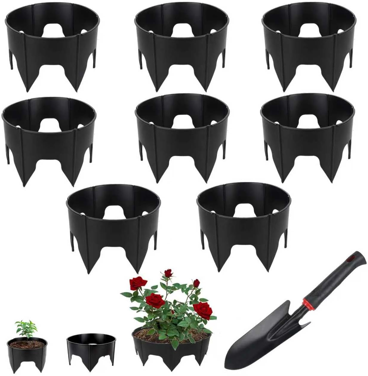 48PCS Planting Grow Rings with Shovel, Diameter Range 8.3-15.7in Adjustable Round Plant Support Garden Circle Ring for Watering Planting Edging Border Ring for Vegetables