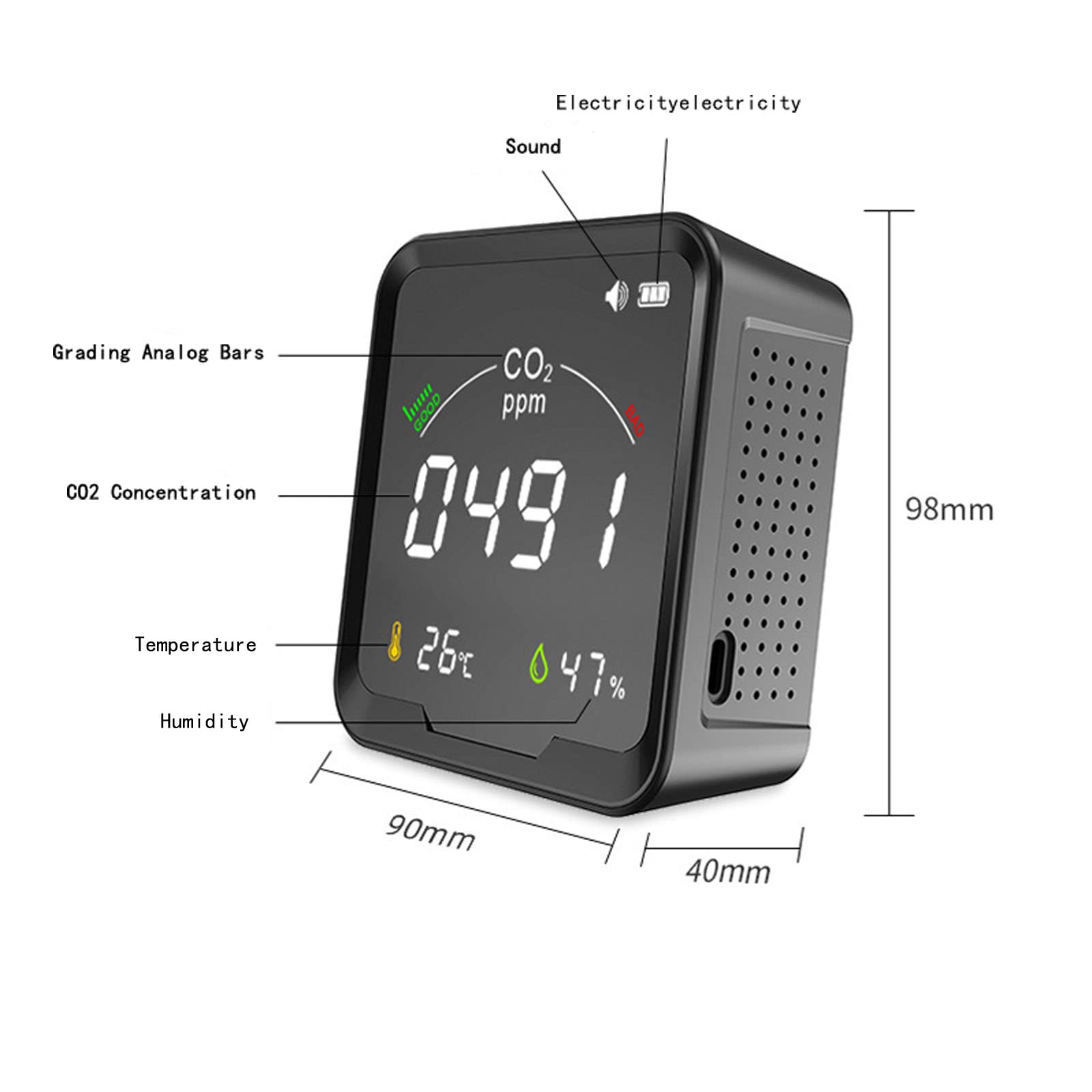 Miernik CO2 i monitor jakości powietrza, inteligentny detektor CO2 3 w 1 z cyfrowym miernikiem CO2 do domu, biura, klasy - dane w czasie rzeczywistym