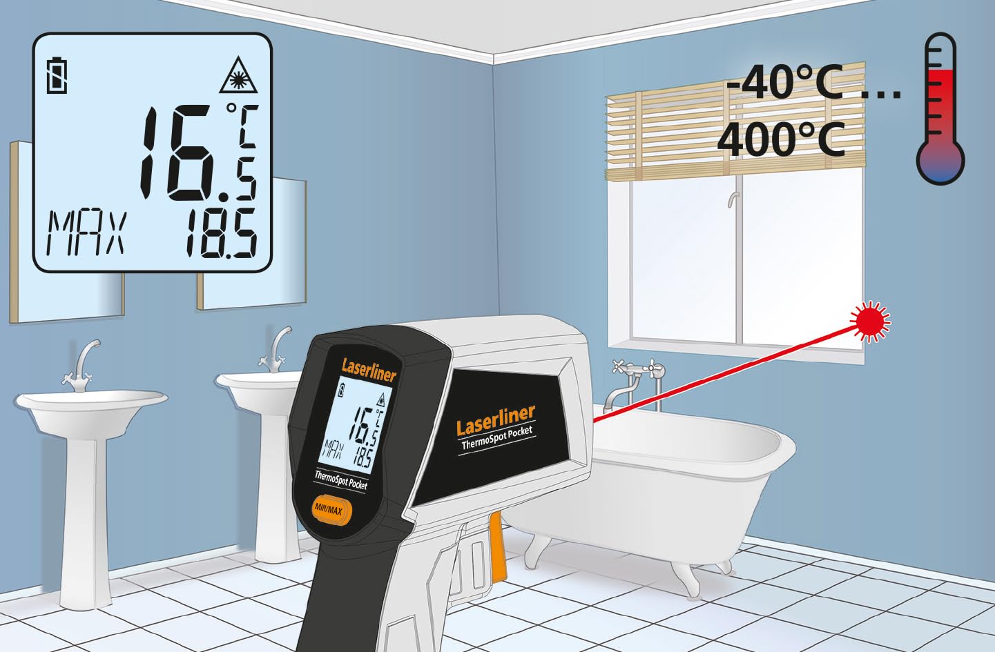 Laserliner ThermoSpot Pocket Infrarot Thermometer Digitales Temperaturmessgerät -40 °C bis 400 °C Min Max Anzeige