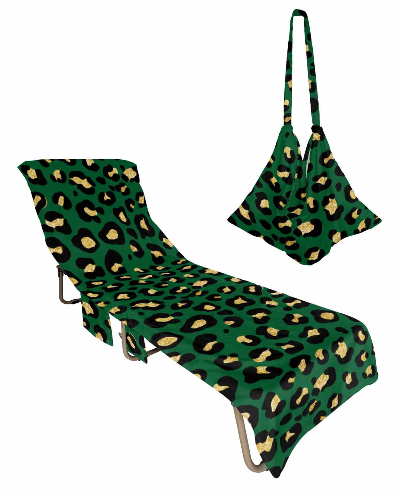 St. Patrick's Day Beach Lounge Chair Towel Cover, Soft Chaise Lounge Towel with Side Pockets Patio Pool Chairs Cover for Beach/Pool Sunbathing 29x85 Green Leopard Saint Patrick's Day