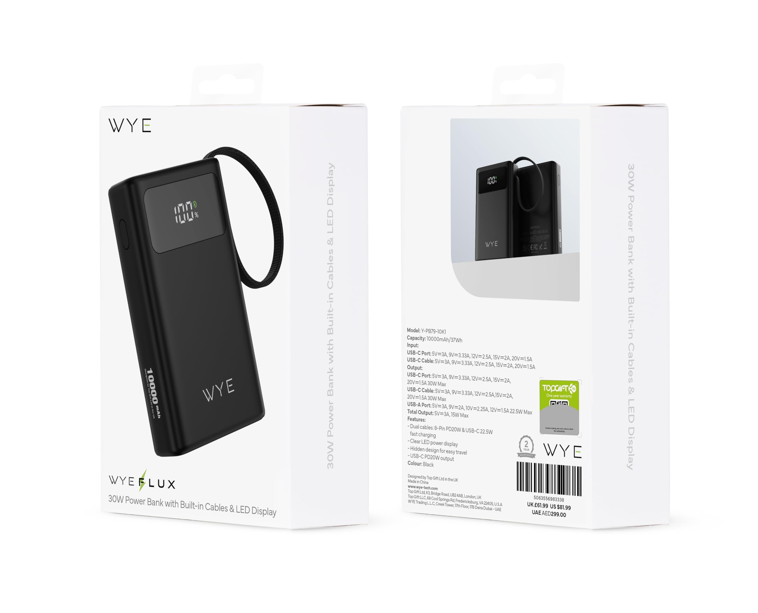 WYE Power Bank da 10000 mAh con cavi USB-C e 8 pin integrati, ricarica rapida PD da 30 W, display a LED, batteria portatile per iPhone, Samsung, Google Pixel, tablet e altro, nero