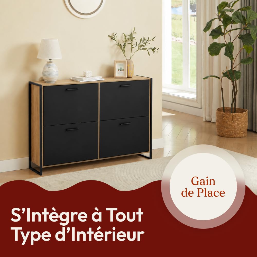 CASABEL Meuble de Rangement à Chaussure Industriel 24 Paires - Double Compartiment - Armoire Etagere Grande Capacité pour Entrée, Couloir - L114xP24xH83 cm - Portes Noires Cadre Bois Clair