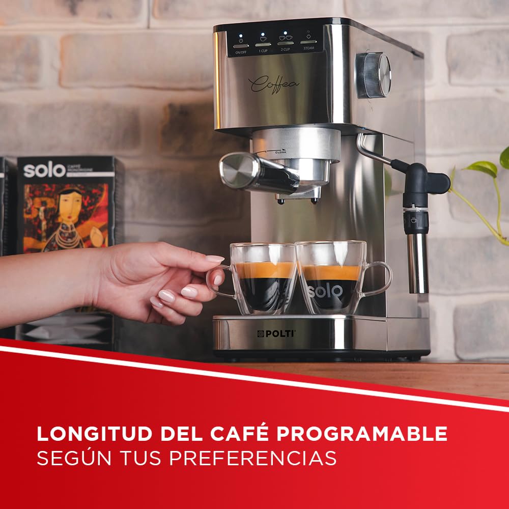 Polti Coffea P10S Cafetera Manual para Espresso y Cappuccino Compatible con Café Molido y Cápsulas Monodosis E.S.E. de 44 mm, Vaporizador para Espumar y Vaporizar la Leche, Depósito de 1.3 L, Plata
